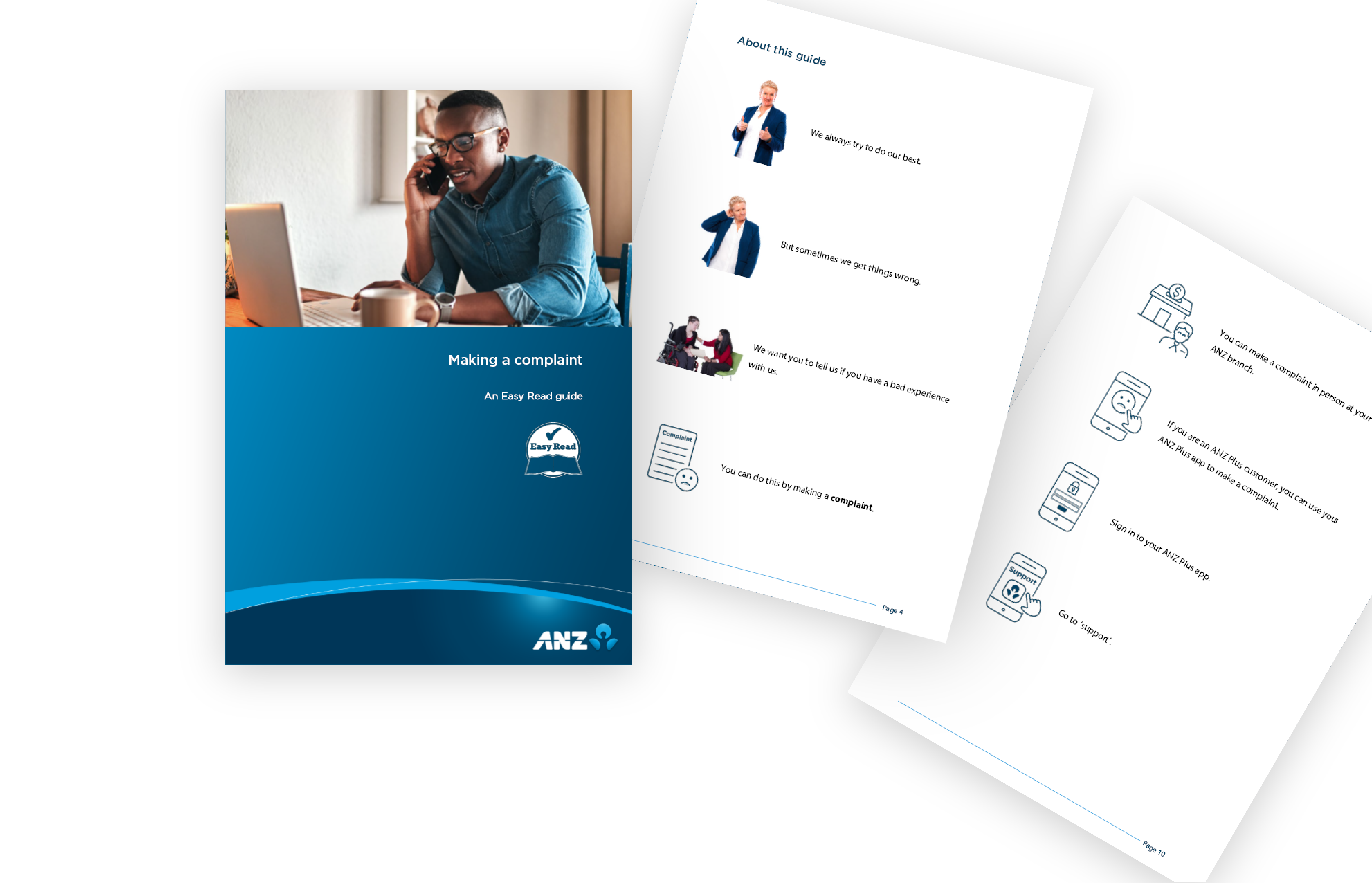 The cover of the 'ANZ Complaints Guide' and 2 internal pages of the Easy Read document. The branding features a blue gradient background.