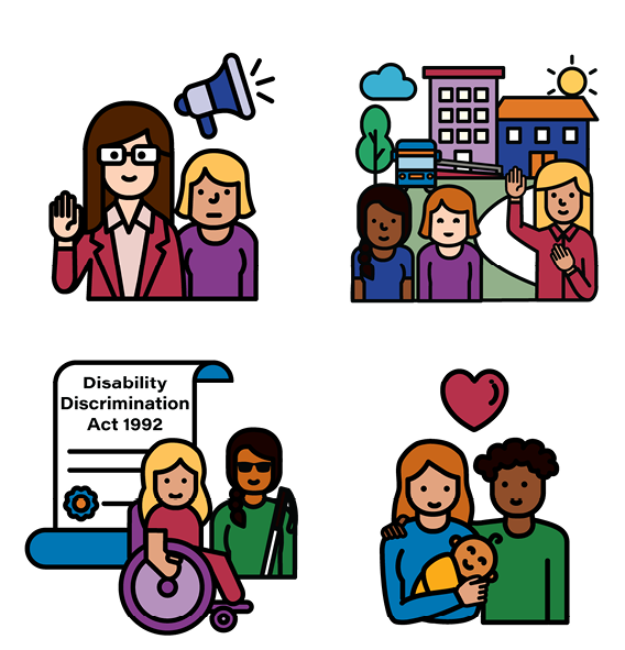 Icons from the 'Our site' website showing a groups of people, the Disability Discrimination Act, and a family.